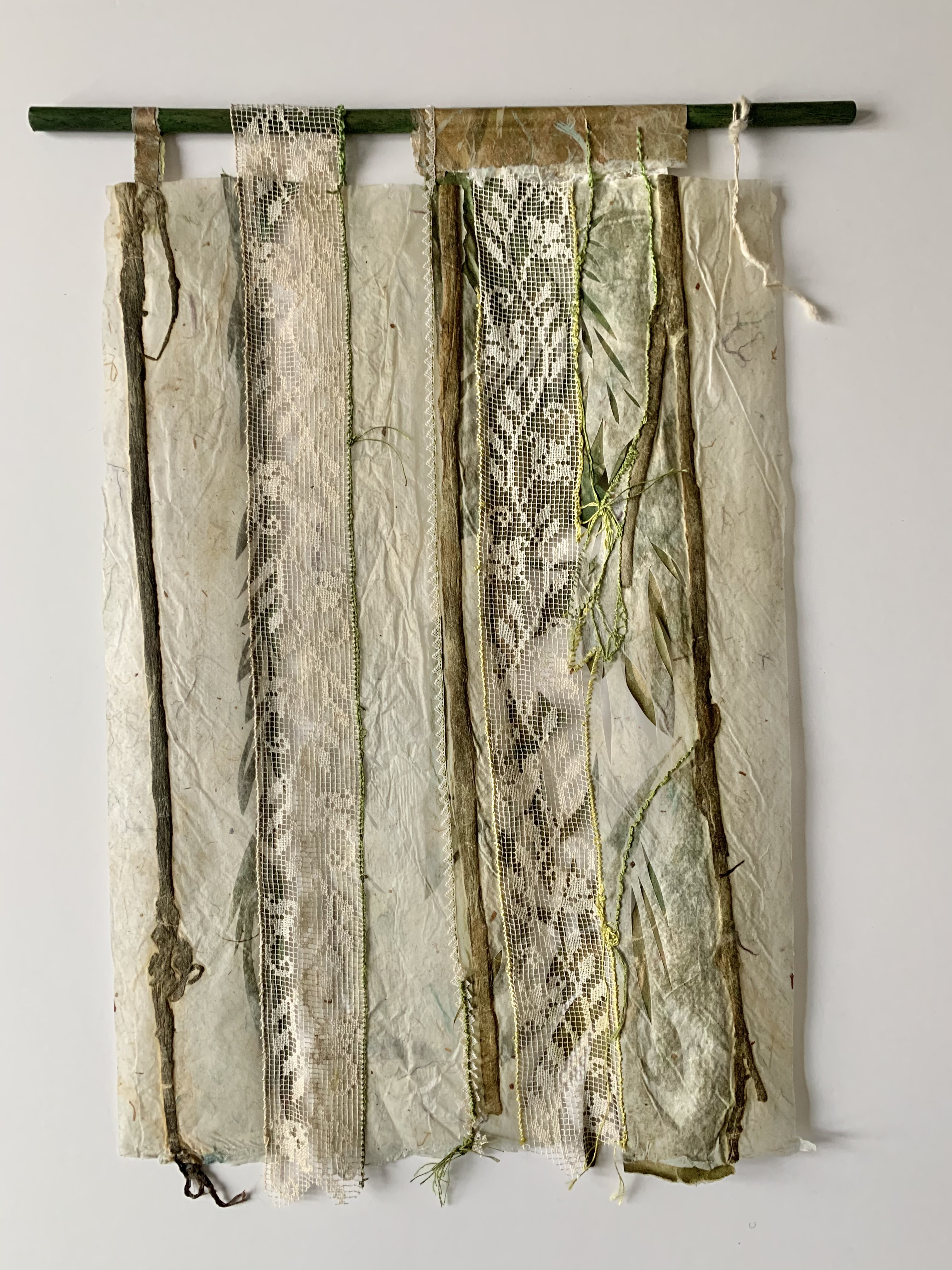 2. contemporary/ancient messages "Irish laced in koso fibers", 18" x 14 1/2", Irish lace and handmade paper