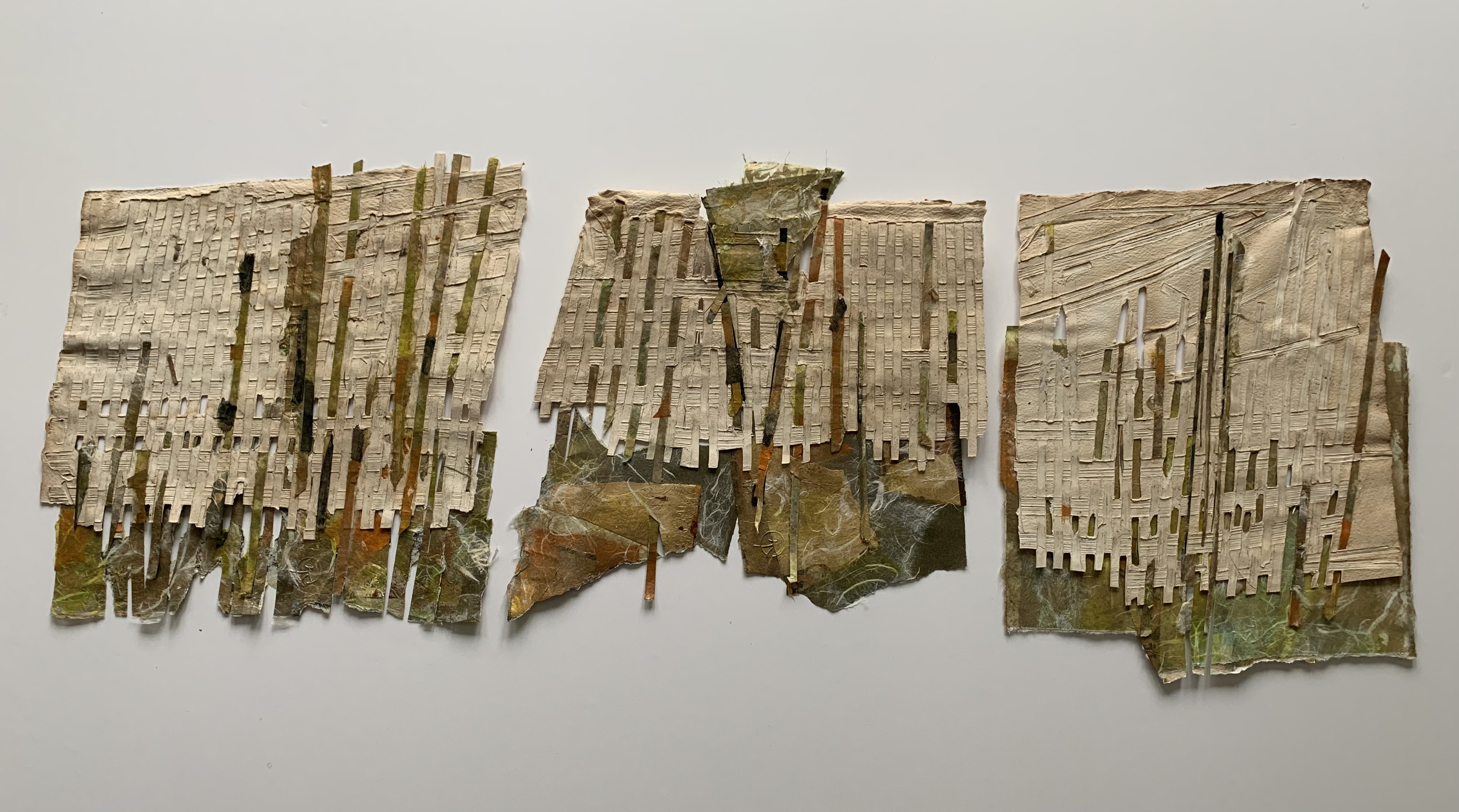 2. contemporary/ancient messages "Embedded tale", 12" x 34", handmade woven paper triptych