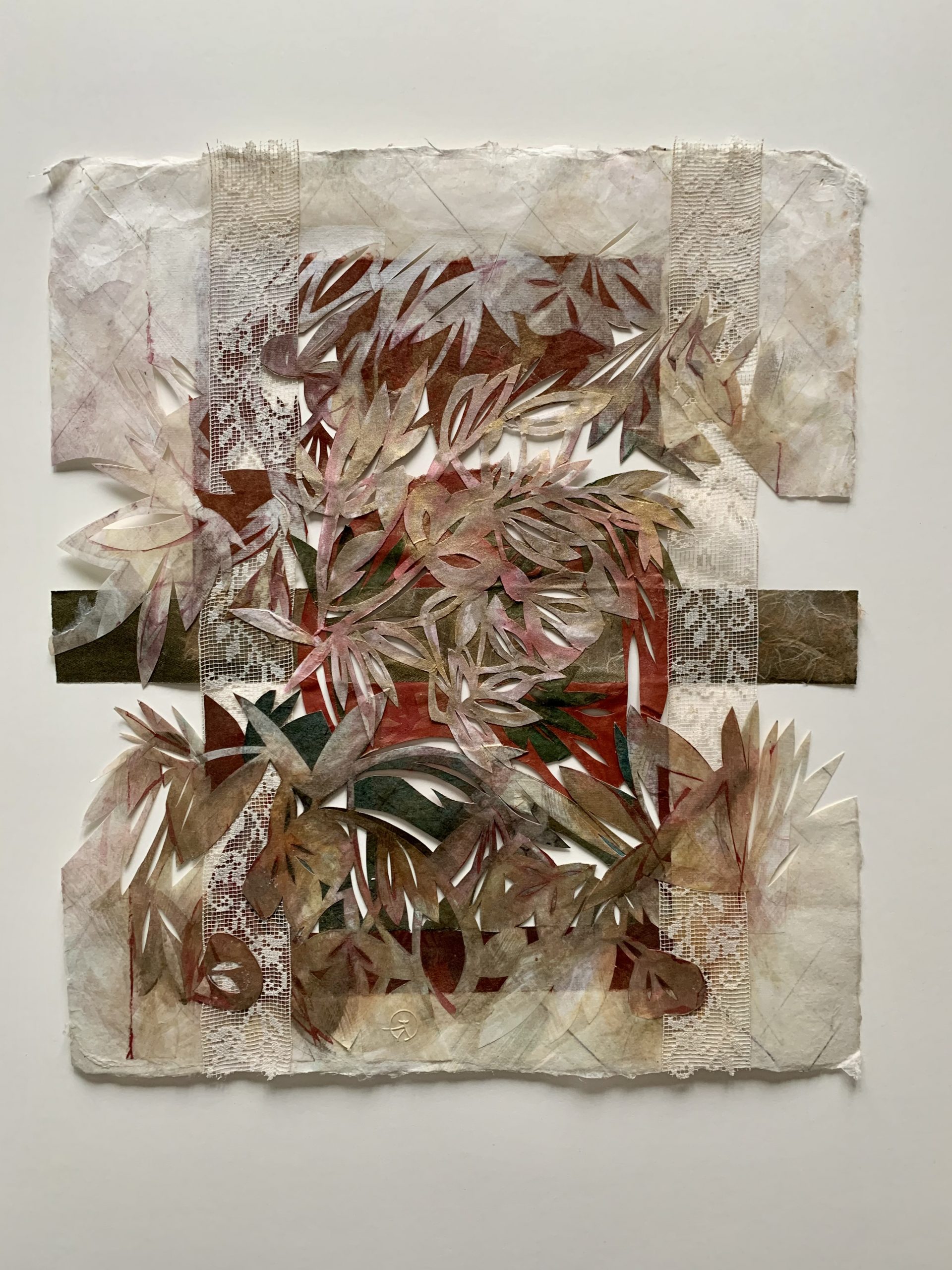 Web flowers "Flowers making lace", 20" x 17", collage and cut paper lace collage